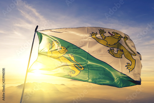 Thurgau canton of Switzerland flag waving on the top sunrise mist fog