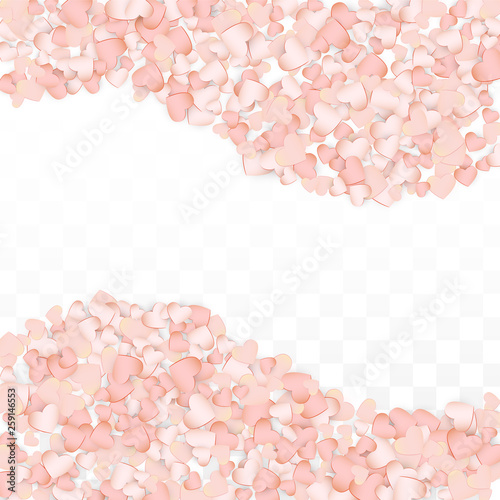 Love Hearts Confetti Falling Background. St. Valentine's Day pattern Romantic Scattered Hearts. Vector Illustration for Cards, Banners, Posters, Flyers for Wedding, Anniversary, Birthday Party, Sales.