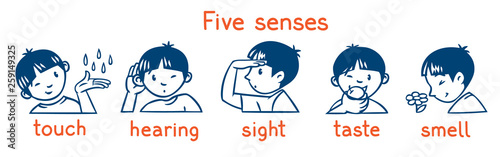 Five senses monochrome icon set. Boys illustration