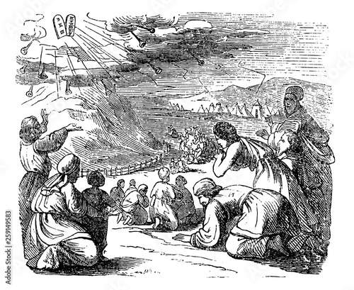 Vintage Drawing of Biblical Story of Israelites Bow Down Under Mount Sinai When Got Give Moses Stone Tablets With Ten Commandments