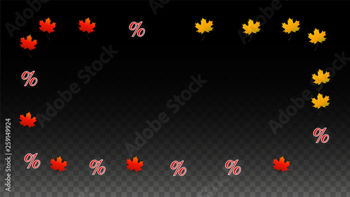 Vector Percentage Sign and Autumn Leaves Confetti on Transparent Background. Percent Sale Background. Business, Economics, Finance Print. Discount Illustration. Promotion poster. Black Friday Banner. 