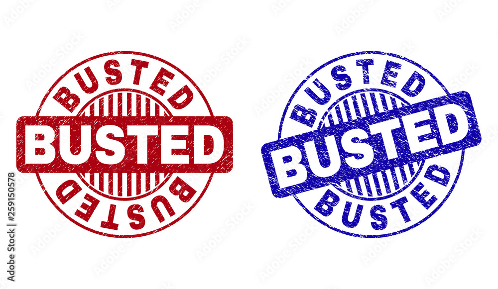 Grunge BUSTED round stamp seals isolated on a white background. Round seals with grunge texture in red and blue colors. Vector rubber watermark of BUSTED title inside circle form with stripes. Grunge BUSTED round stamp seals isolated on a white background. Round seals with grunge texture in red and blue colors. Vector rubber watermark of BUSTED title inside circle form with stripes.