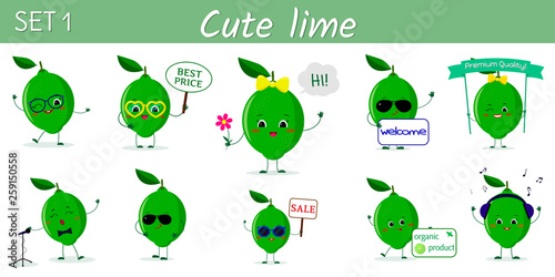 Set of ten cute kawaii lime characters in various poses and accessories in cartoon style. Logo, template, design. Vector illustration, flat design