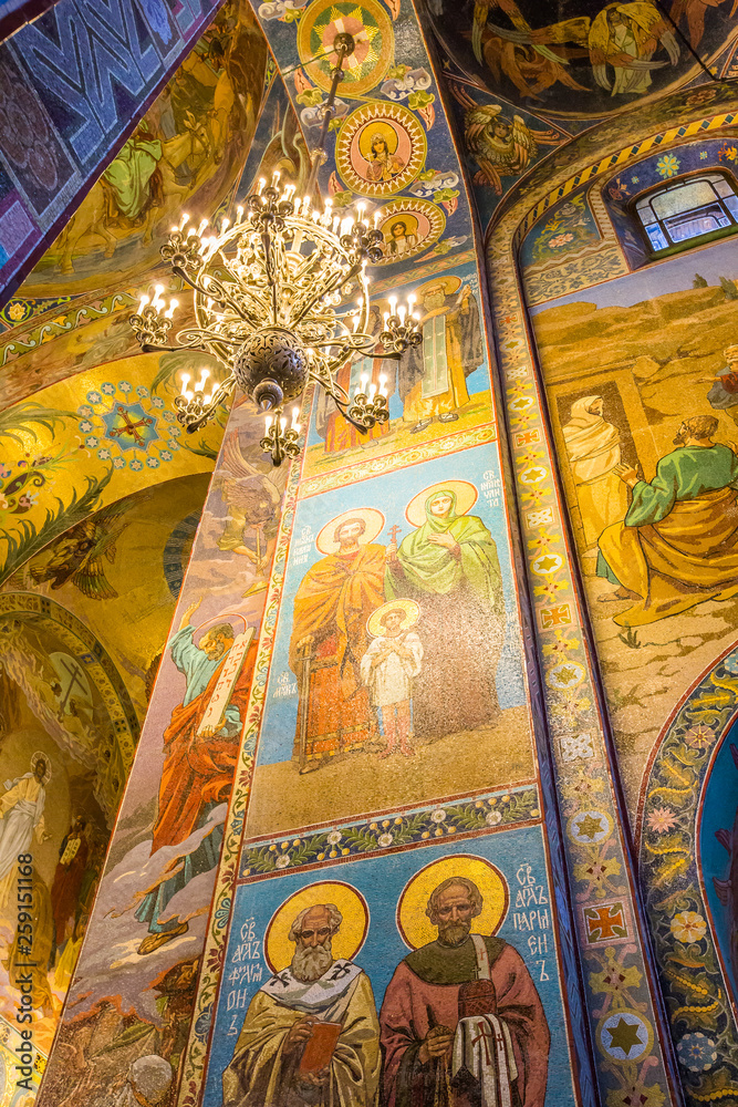 Interior, church of Savior on the Spilled Blood. 1880s church with vibrant, lavish design - Saint Petersburg, Russia