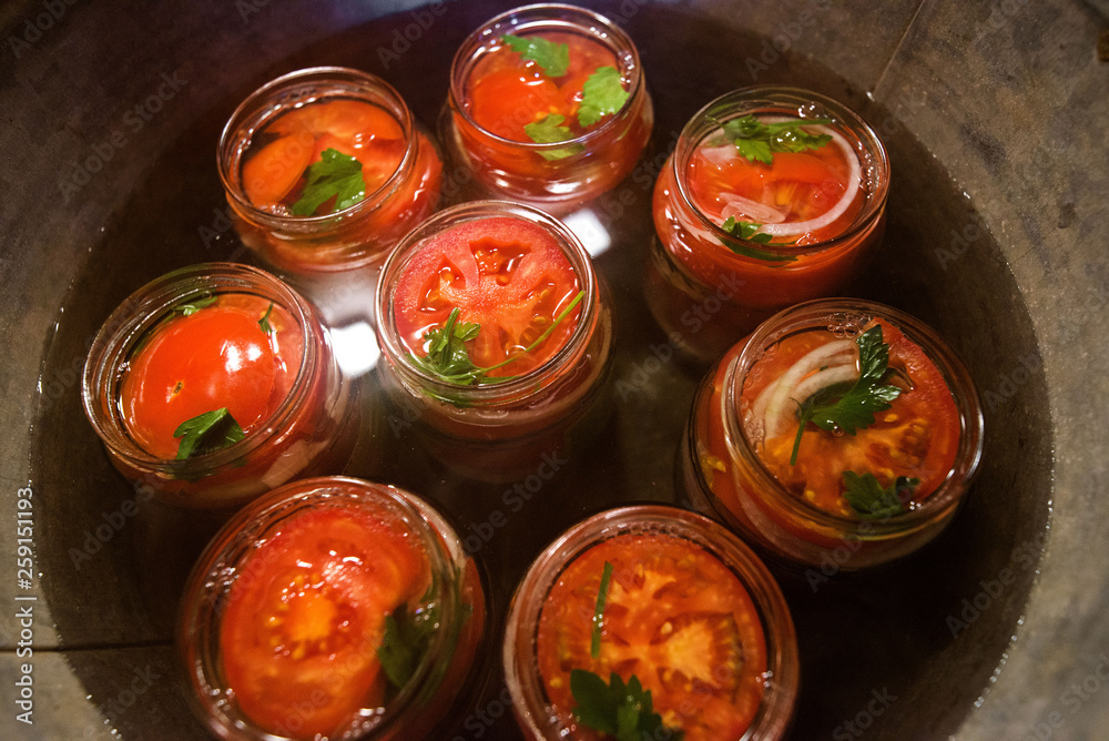 Canning fresh tomatoes with onions in jelly marinade. Conservation