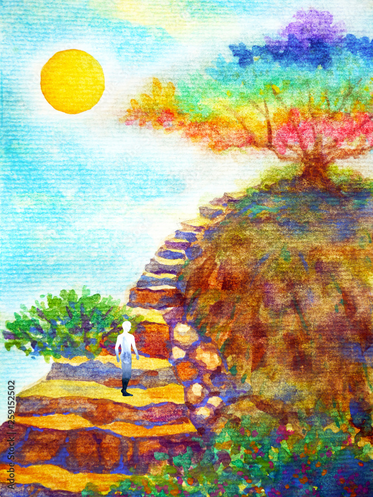 human powerful energy stand on rock stair to colorful tree blue sky watercolor painting illustration design hand drawn