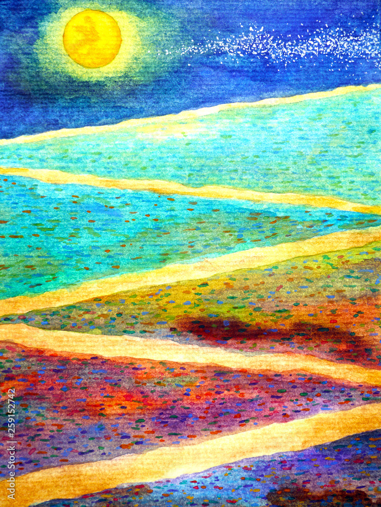 Yellow full moon in colorful background beautiful zigzag way watercolor painting hand drawn