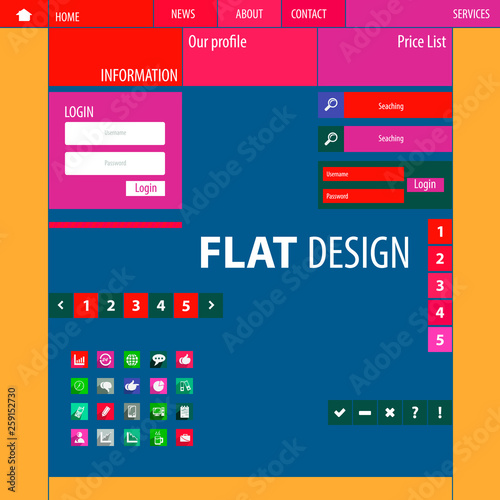 Flat Web Design, elements, buttons, icons.