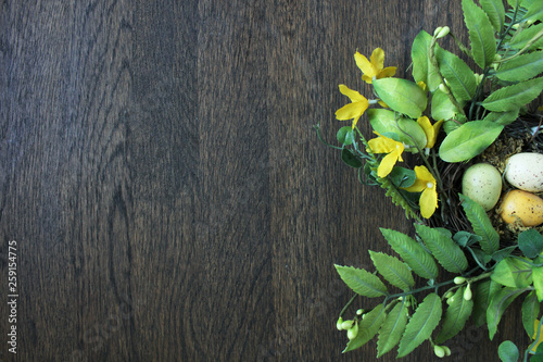 easter decor on wooden table