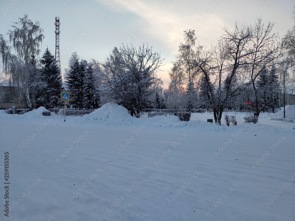 winter landscape with snowy trees and sunset winter landscape with snowy trees and sunset