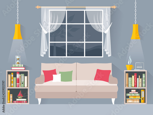 Interior living room or home library. Room for reading books. Vector.