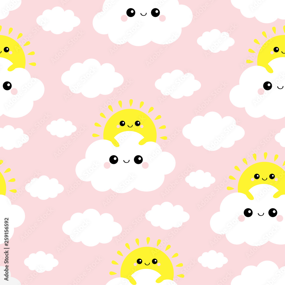 Seamless Pattern. Sun holding cloud in the sky. Cute cartoon kawaii funny smiling baby character set. Wrapping paper, textile print template. Nursery decoration. Pink background. Flat design. Seamless Pattern. Sun holding cloud in the sky. Cute cartoon kawaii funny smiling baby character set. Wrapping paper, textile print template. Nursery decoration. Pink background. Flat design.