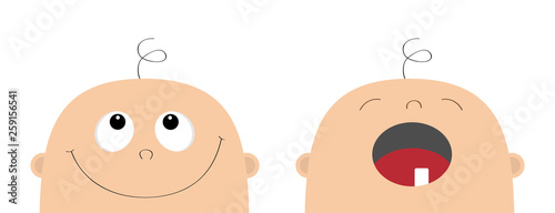 Smiling and crying baby shower greeting card template. Kid face looking up. Cute cartoon character. Funny head with hair, eyes, nose, open mouth tooth. Its a boy. Flat design. White background.