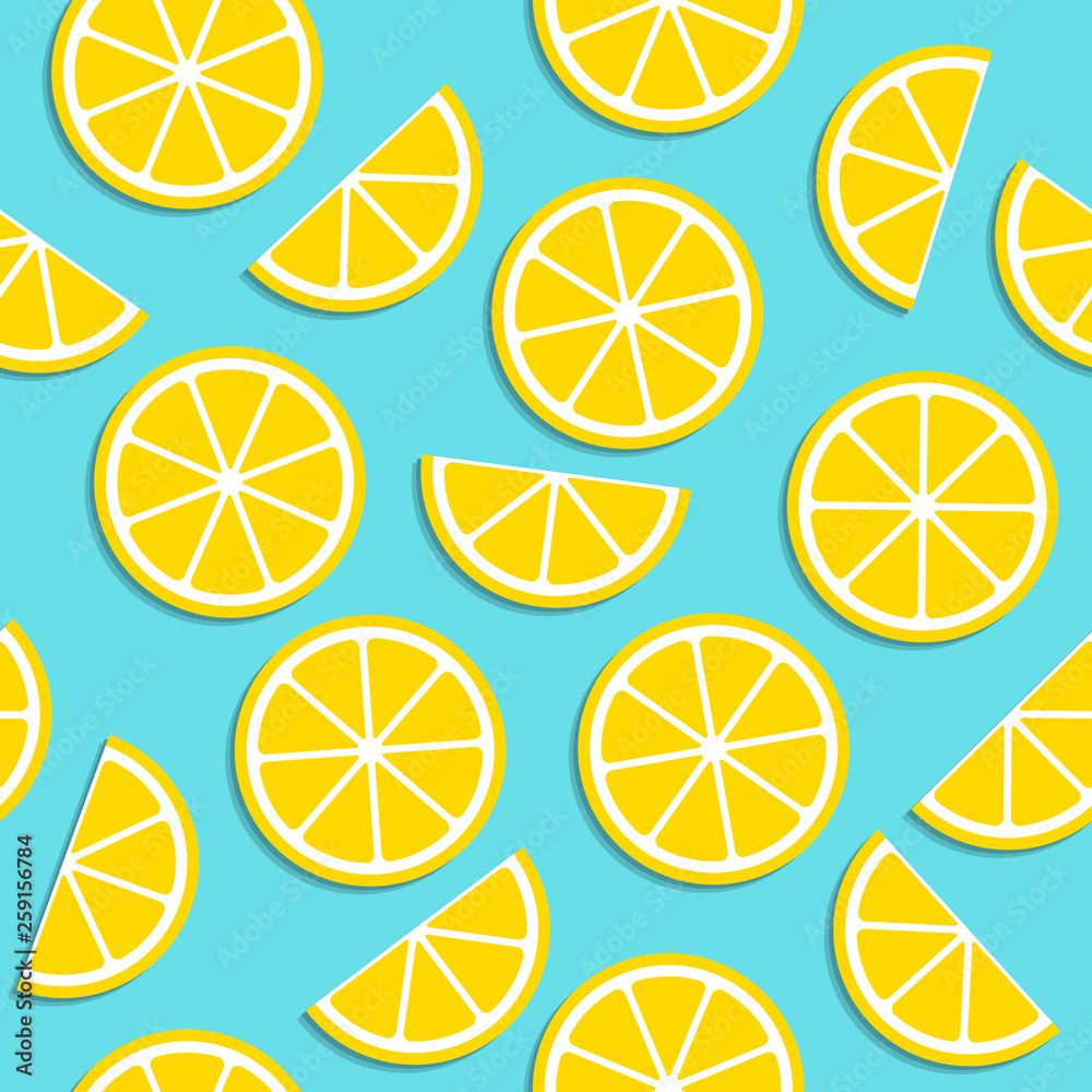 Lemon seamless pattern with flat slices in bright colors. Summer repeating texture with lemon slices in top view.