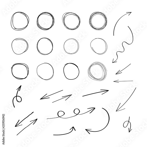Vector Collection of Hand Drawn Elements, Scribble Circles and Arrows, Black Drawings Isolated.