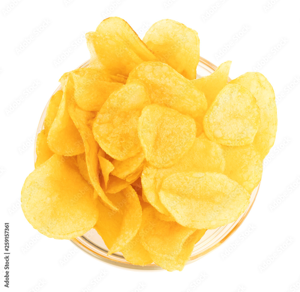 Potato chips bowl isolated on white background, with clipping path, top view Potato chips bowl isolated on white background, with clipping path, top view