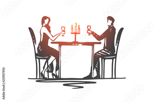 Restaurant, couple, love, date, romantic concept. Hand drawn isolated vector.