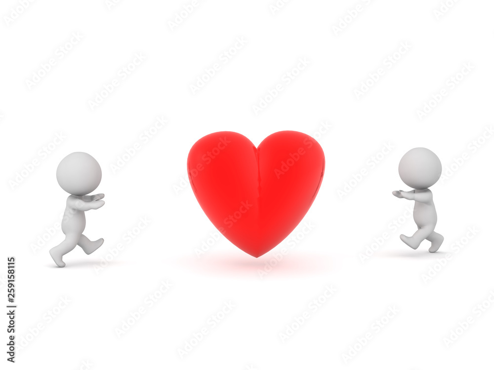 Two 3D Characters Running Toward a Red Heart Shape Two 3D Characters Running Toward a Red Heart Shape