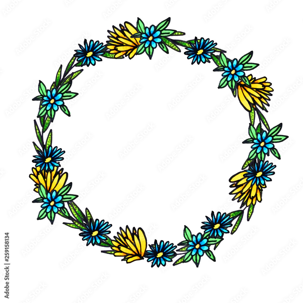 A wreath of flowers. Flowers drawn with markers.Place for text.