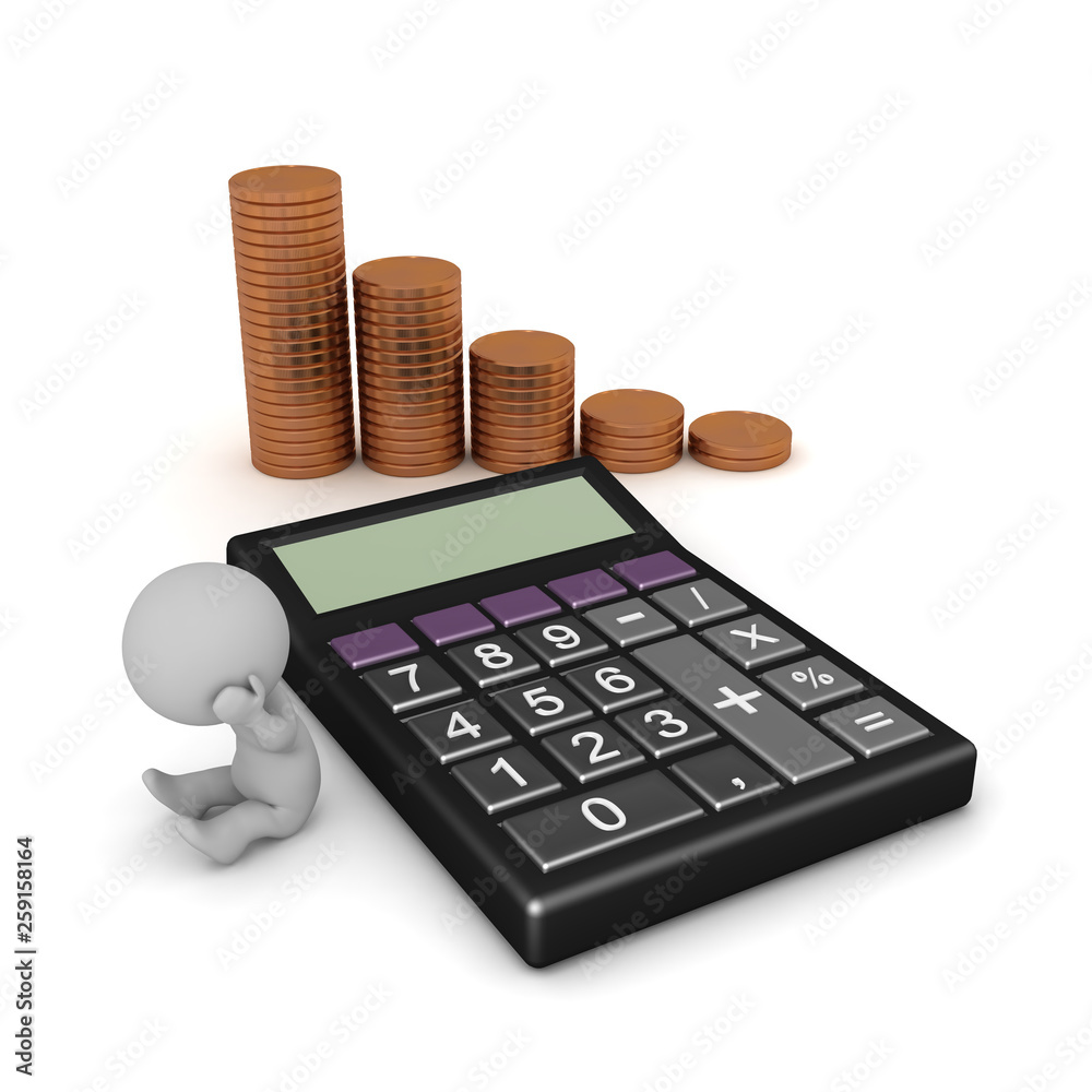 Stressed 3D Character with Calculator and Coins Stressed 3D Character with Calculator and Coins