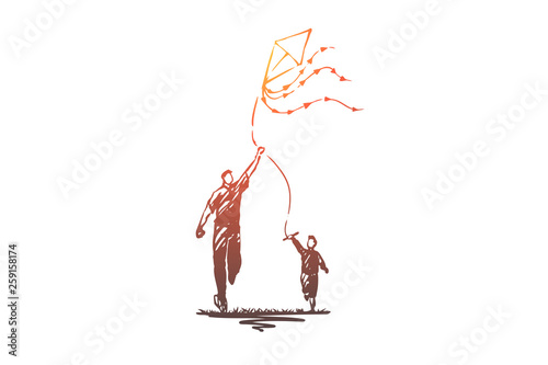 Kite, father, son, family, parenting concept. Hand drawn isolated vector.