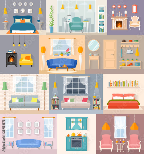 Set of vector rooms. Different in purpose and design interiors.