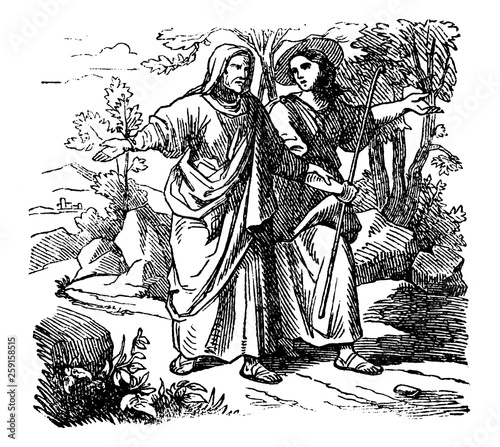 Vintage Drawing of Biblical Story of Ruth and Boaz. Man and Woman Are Walking Together photo