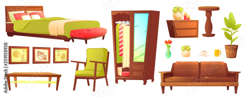 Living or bedroom object set with leather sofa and wooden shelf with frame and books. Stylish furniture - a lamp and a vase and a table. Vector cartoon illustration 