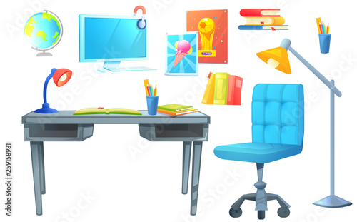 Workplace room interior design set object. Workplace with desk and pc computer, shelves and book. 