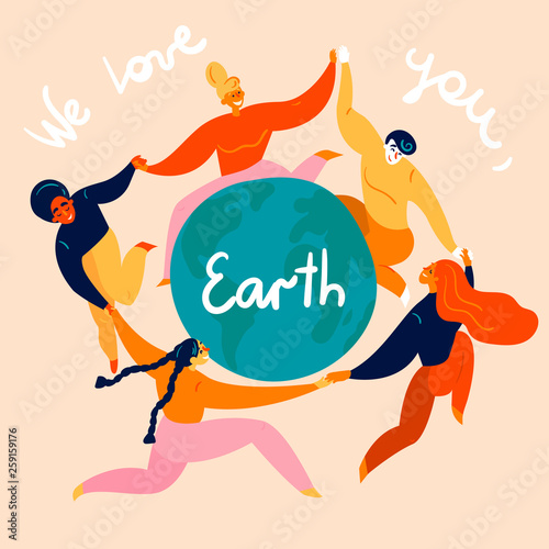 Group of women is dancing around the Earth globe