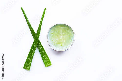 Aloe vera is a popular medicinal plant for health and beauty, white background.