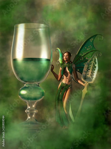 The green fairy is a nickname for the alcoholic beverage absinthe. Such a fairy stands next to a glass of green drink. In her hand is an absinthe spoon. 3D Rendering photo