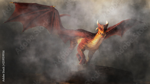 A red dragon emerges from fog and smoke. The monster of myth, fantasy and legend glares at you with a look of malice as it comes towards you. 3D Rendering