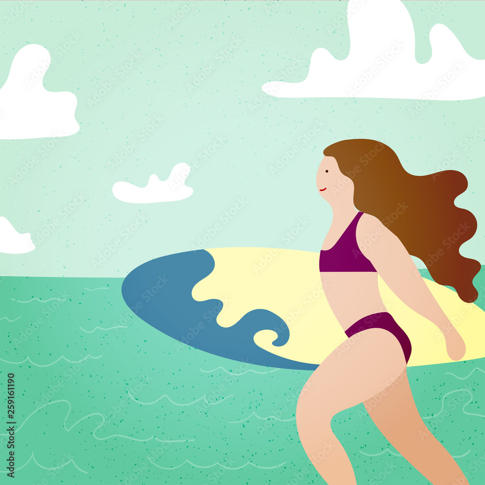 Poster with surfer girl with surfboard running to ocean. Beach and surfings design for poster, t-shirt or cards. Summer time season holiday vacation concept. Vector illustration