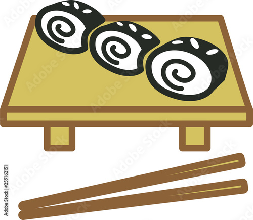 Set of three colored icons for sushi on a board for sushi and chopsticks