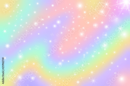 Pastel star glow fantasy universe hologram magic. Cubic floating modern dream holiday hologram fantasy land beautiful blur object vector illustration background