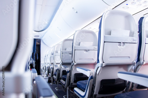 Seats in a cabin plane. passenger aircraft cabin. Low cost flights from airlines