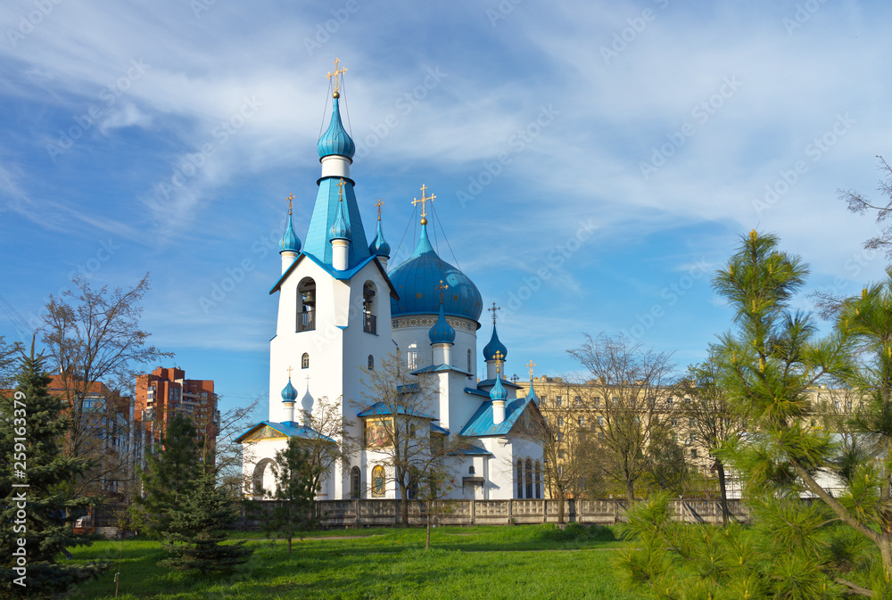 Saint Petersburg. Beautiful little orthodox Church of the Nativity of Christ in Pulkovo Park at spring afternoon