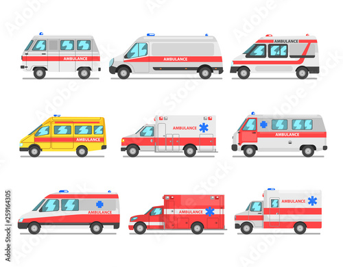 Collection of ambulance service cars, emergency medical vans vector Illustration on a white background