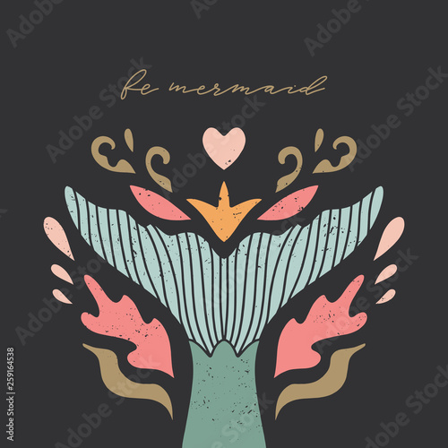 Vector postcard or poster with mermaid tail on dark background. Summer holidays theme, nursery print. Good for baby party decor