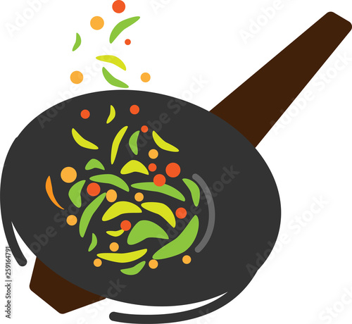 Colored icon wok pan and fried vegetables