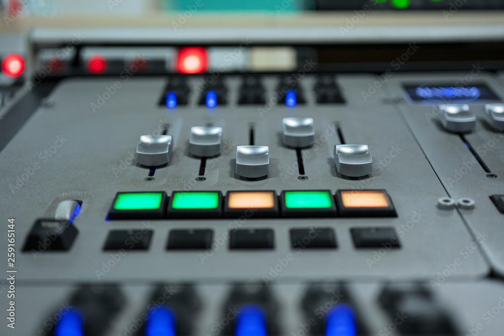 mixing console fader. music and light production, broadcasting concept mixing console fader. music and light production, broadcasting concept