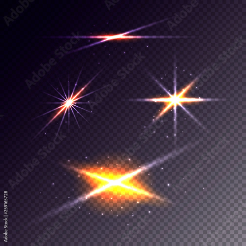 Realistic Lens Flare Elements Set. Light Effect Transparent Design. Vector illustration