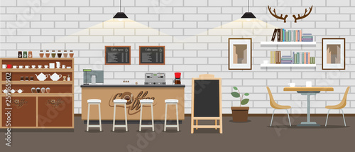Empty cafe interior. Cofee shop Bar counter with flat and solid color style. Vector illustration