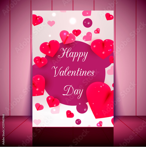 Valentin's day flyer design, letter format, red hearts. Vector illustration
