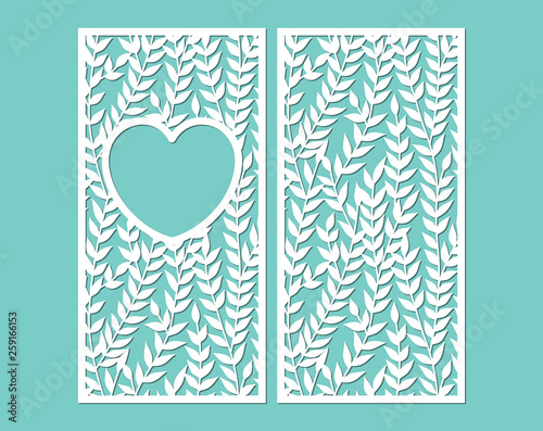 Laser cut paper lace frame in the shape of heart, vector. Cutout photo frame with pattern of leaves. Abstract vintage background. Element for wedding invitation and greeting card. photo