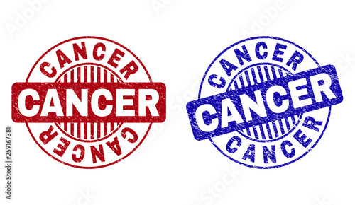 Grunge CANCER round stamp seals isolated on a white background. Round seals with grunge texture in red and blue colors. Vector rubber imitation of CANCER title inside circle form with stripes.