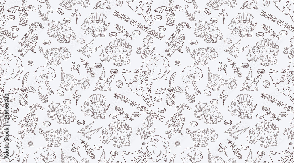 contour seamless illustration_10_of the pattern of small dinosaurs and trees, plants, stones, for design in the style of Doodle