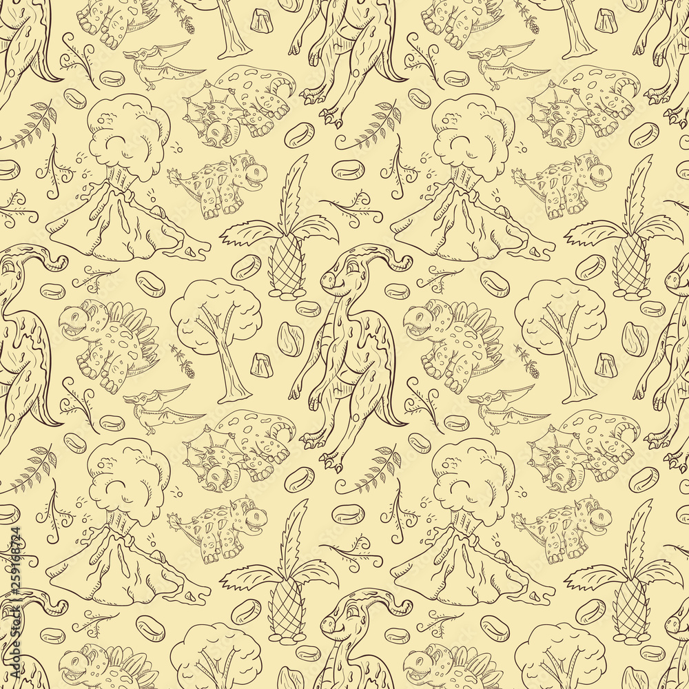 Fototapeta premium contour seamless illustration_18_of the pattern of small dinosaurs and trees, plants, stones, for design in the style of Doodle