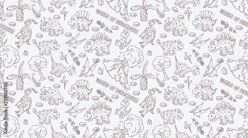 contour seamless illustration_10_of the pattern of small dinosaurs and trees  plants  stones  for design in the style of Doodle